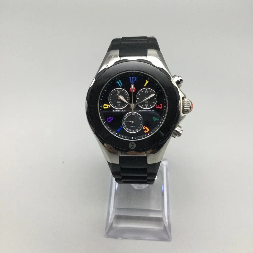 Michele Tahitian Jelly Bean Chronograph Womens Watch 37mm Black Dial New Battery